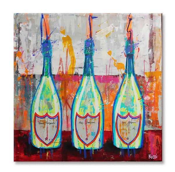 Pop art painting featuring three colorful Dom Perignon bottles in a vibrant arrangement.