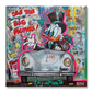Here’s an ALT text for your website showcaPop art painting of Scrooge McDuck driving a silver Porsche oldtimer, depicted in vibrant colors and a dynamic style.
