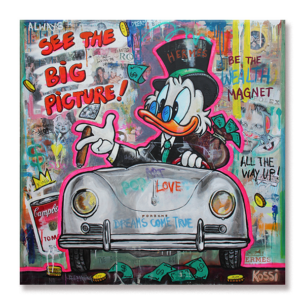 Here’s an ALT text for your website showcaPop art painting of Scrooge McDuck driving a silver Porsche oldtimer, depicted in vibrant colors and a dynamic style.
