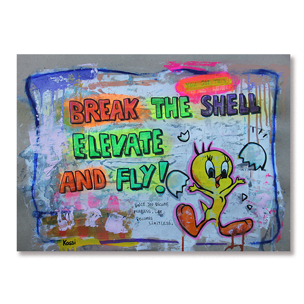Urban pop art painting of Tweety breaking the egg shell depicted in vibrant graffiti style