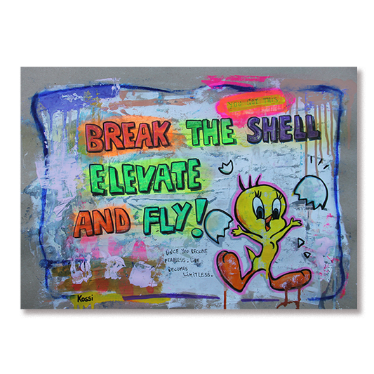 Urban pop art painting of Tweety breaking the egg shell depicted in vibrant graffiti style