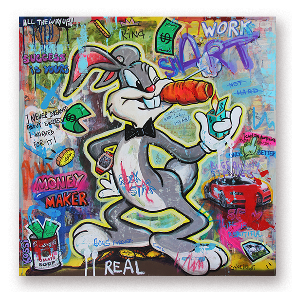 Pop art painting showcasing Bugs Bunny smoking a carrot depicted in urban graffiti style.