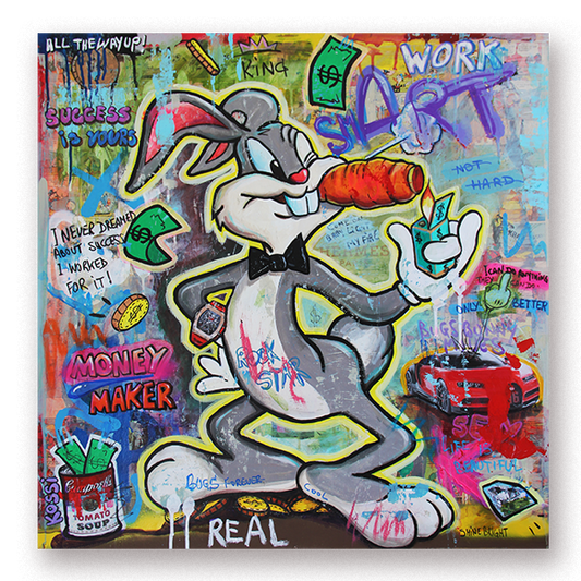 Pop art painting showcasing Bugs Bunny smoking a carrot depicted in urban graffiti style.