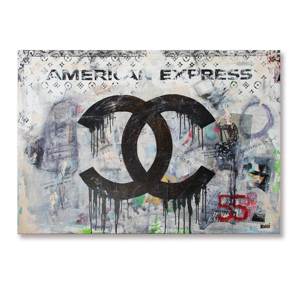 Urban artwork featuring a monochromatic American Express card with Chanel logo.