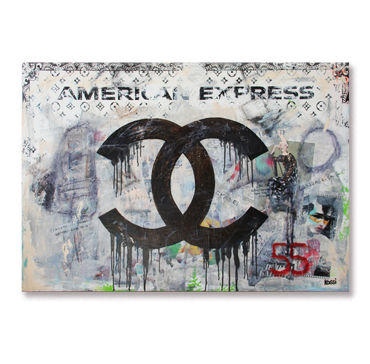 Urban artwork featuring a monochromatic American Express card with Chanel logo.