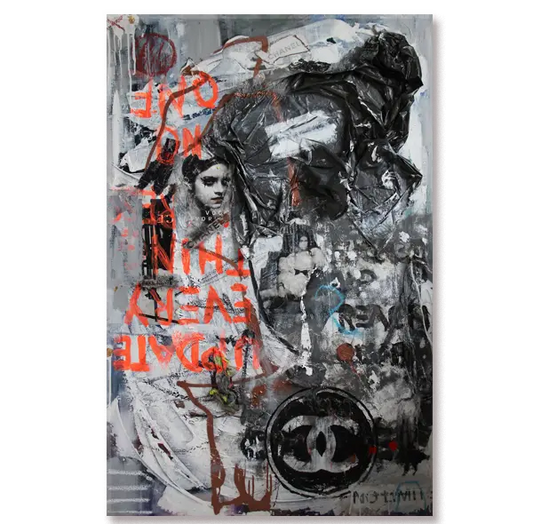 Experimental abstract artwork featuring the Chanel logo, depicted in a monochromatic urban style.