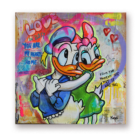 Pop art painting of Donald Duck and Daisy Duck in love depicted in vibrant style.