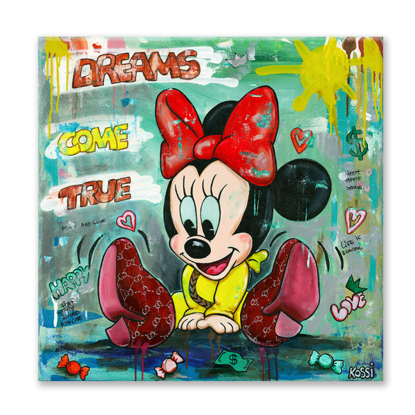 Minnie Mouse sitting on the ground and smiling depicted in vibrant pop art style.