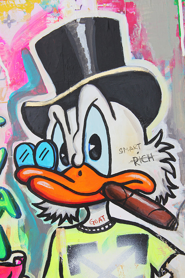 Scrooge McDuck sitting on cash details canvas