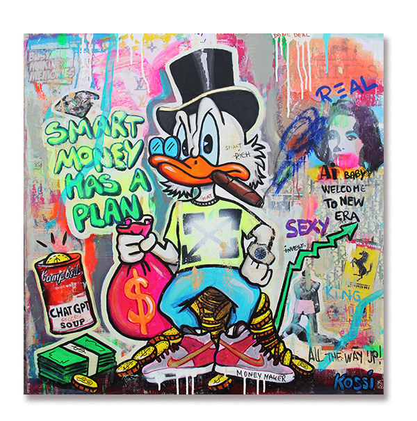 Scrooge McDuck sitting on cash canvas painting