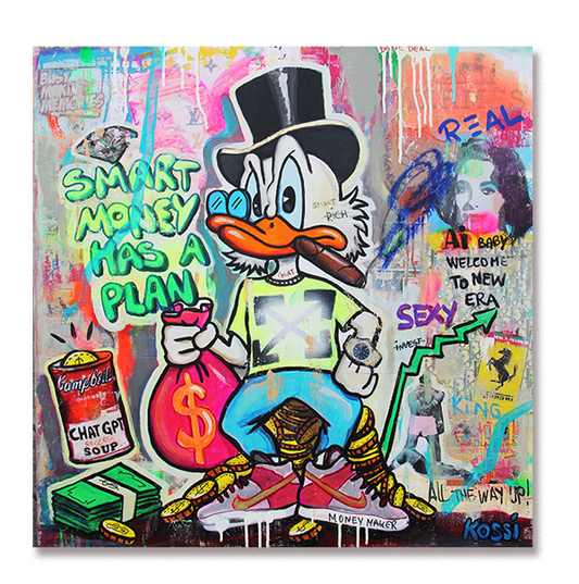 Scrooge McDuck sitting on cash canvas painting