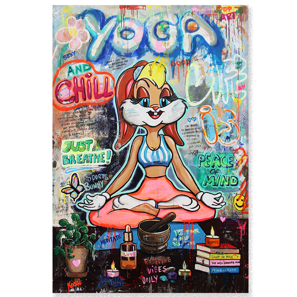 Yoga Bunny painting by Kristin Kossi: Lola Bunny in a yoga pose with happy eyes, surrounded by wellness items.