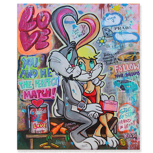 Bugs and Lola Bunny are depicted in vibrant pop art style sitting together happy in love on a bench
