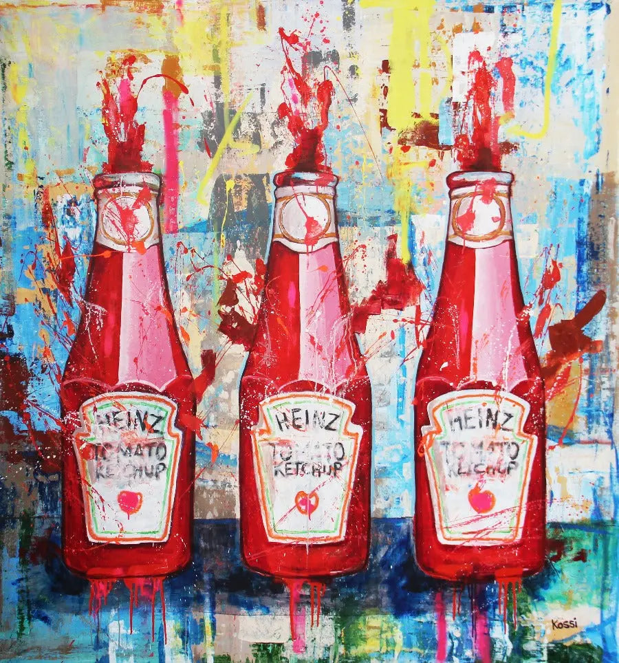 Pop art painting featuring three red Heinz ketchup bottles in a vibrant, stylized arrangement.