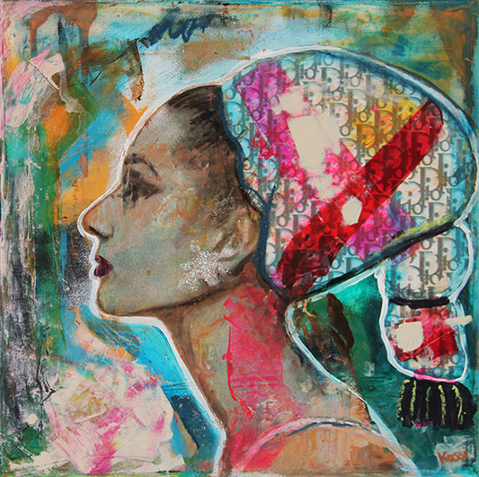 Pop art painting of Audrey Hepburn's face profile in Dior, depicted in vibrant colors and a stylized design.
