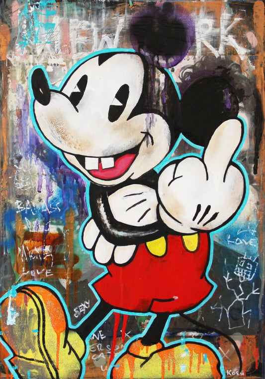 Pop art painting of Mickey Mouse showing the middle finger, depicted in vibrant colors and urban graffiti style