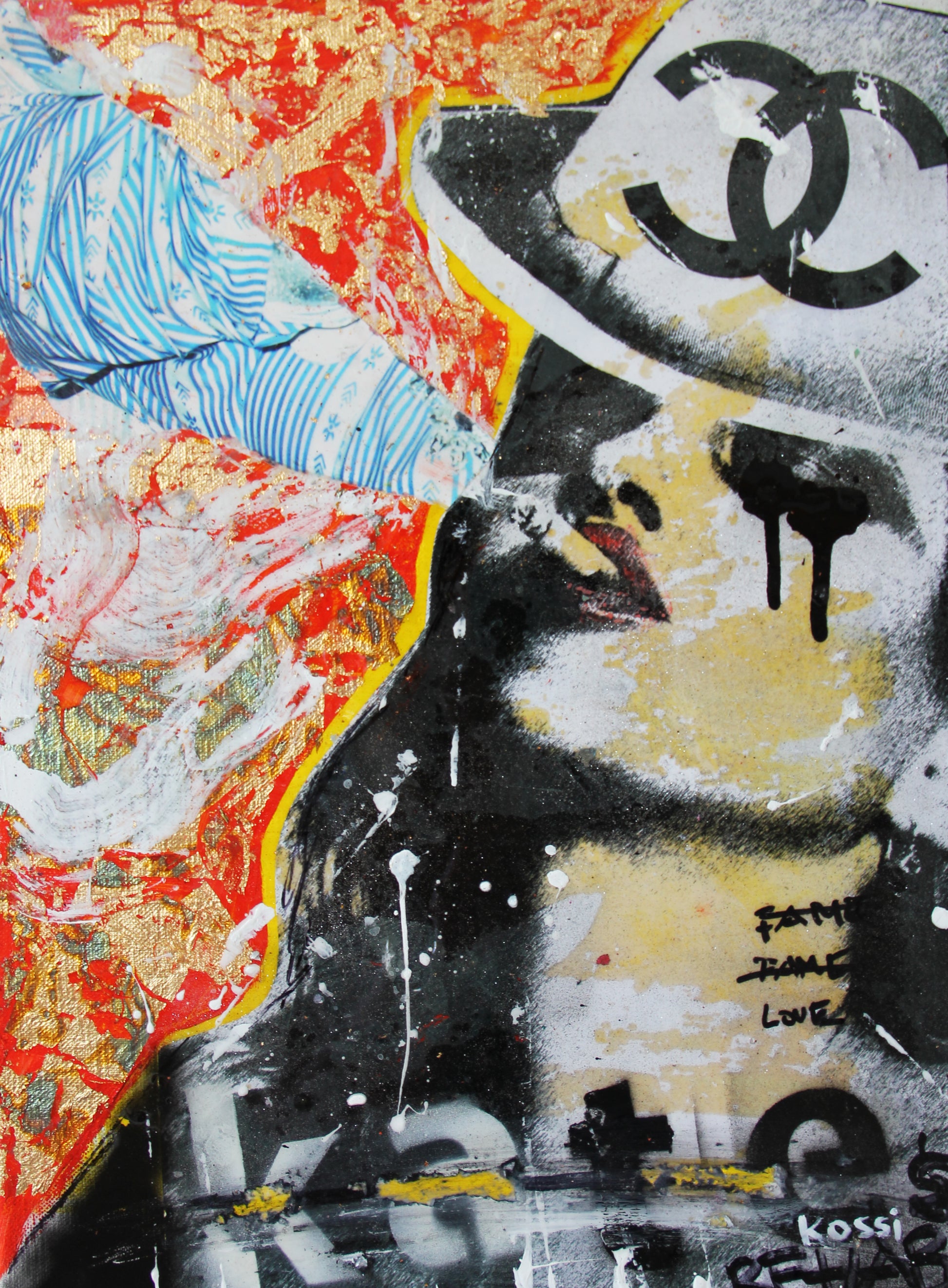 Urban pop art painting of Kate Moss with closed eyes smoking a cigarette, depicted in vibrant blue tones and graffiti style.