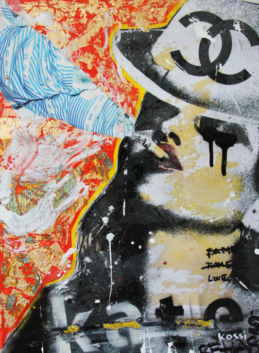 Urban pop art painting of Kate Moss with closed eyes smoking a cigarette, depicted in vibrant blue tones and graffiti style.