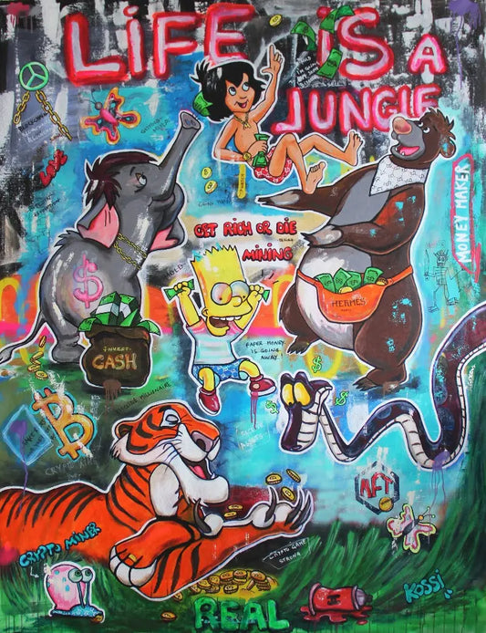 Urban jungle artwork featuring Mowgli, Baloo, Shere Khan, and Kaa, with Homer Simpson celebrating crypto success depicted in urban graffiti style.